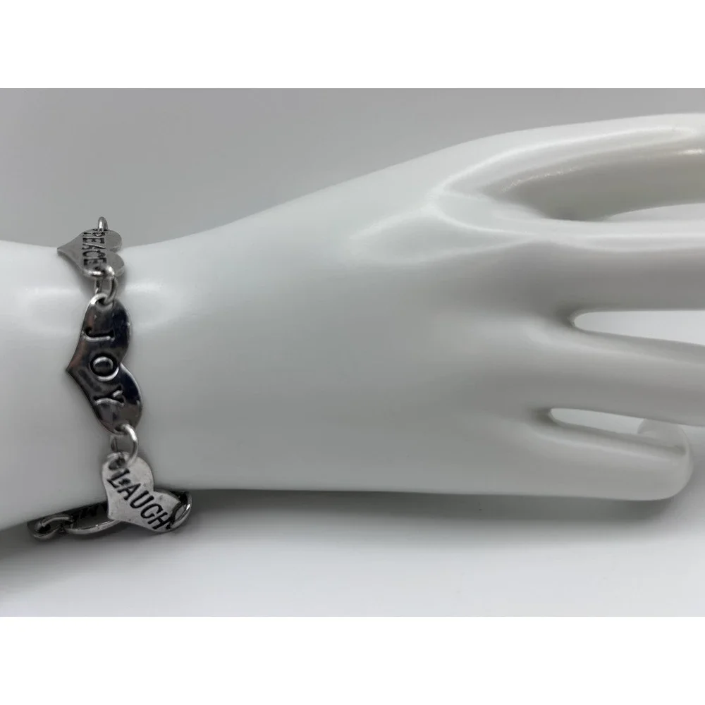 Bracelet Silver Tone Heart Charm PEACE JOY LAUGH DREAM Jewelry Lobster Clasp